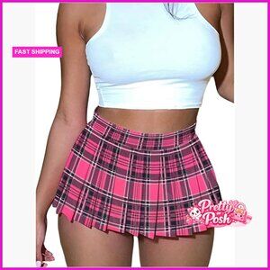 Polyester Pleated Mini Skirt Low Rise Plaid Print Casual